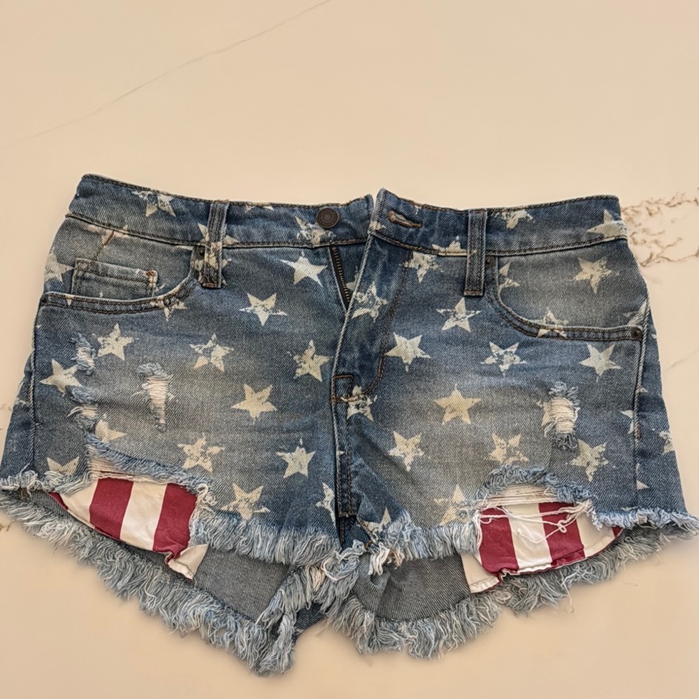 Mossimo Supply Co Blue and White Jean Shorts Distressed Americana Style